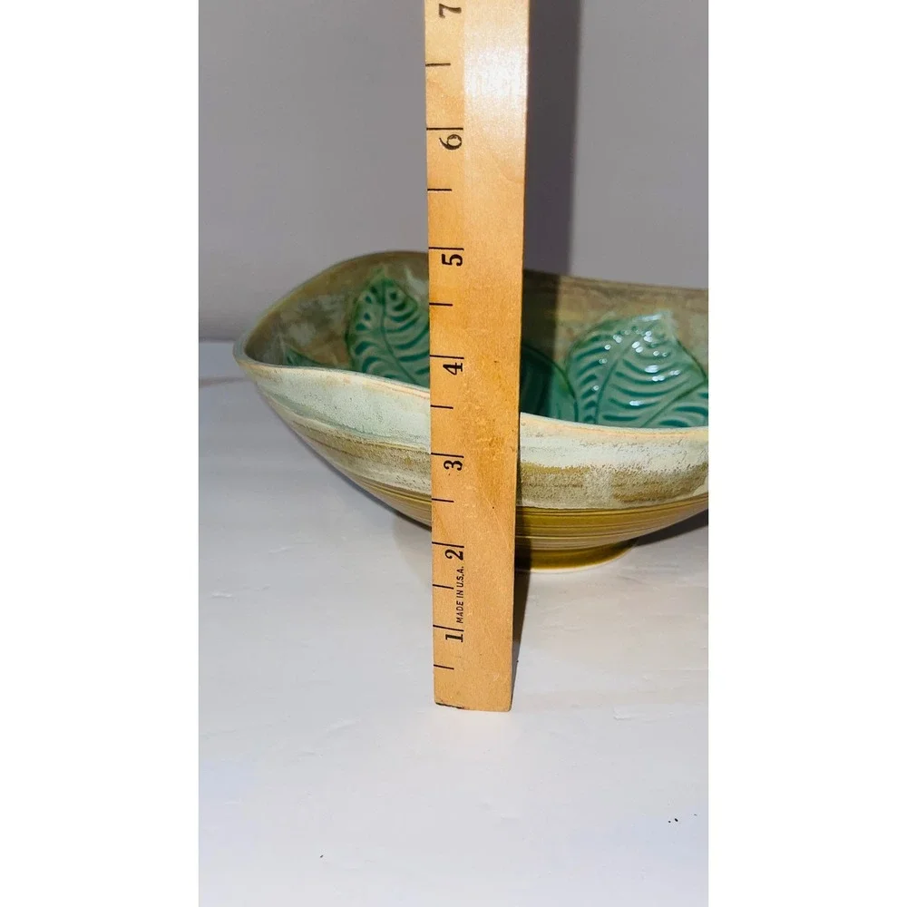 Wendy Wrenn Studio Pottery Leaf Embossed Serving Bowl 9in Teal Green Ceramic